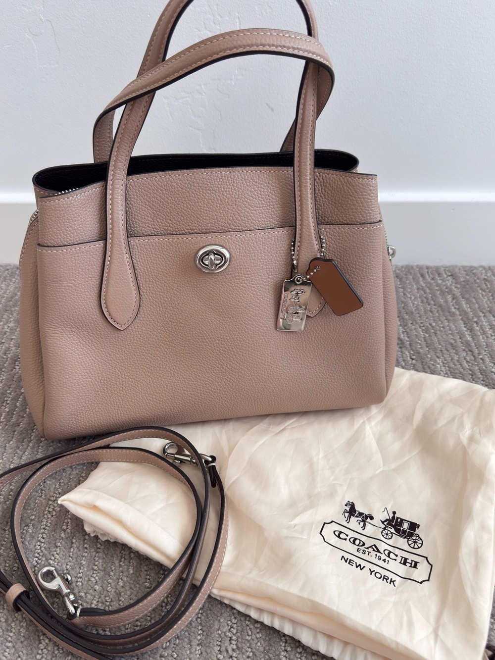 Coach Lora Carryall 30 Taupe Beige Pebble Leather Satchel Crossbody 91740 Preppy